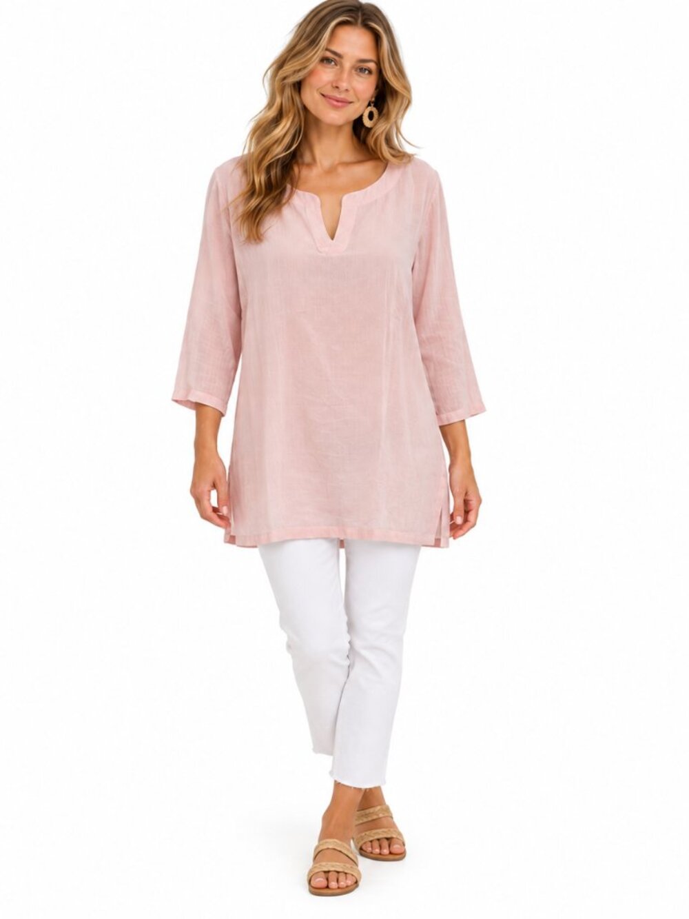 J. Jill‎ Love Linen Tunic Size S Pastel Pink Coastal Minimalist 3/4 Sleeve